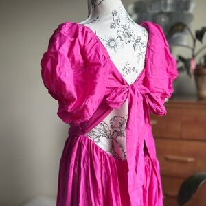 Abercrombie & Fitch Hot Pink Maxi Dress | Puff Sleeve Open Back | Size L